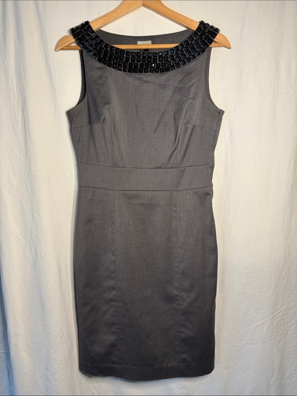 vintage H&M bodycon grey mini dress, black beads 8 wool blend